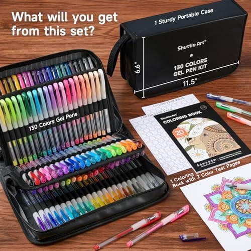 Shuttle Art 130 Stylos Gel Couleur pour Adultes - 130 Couleurs + Livre de Coloriage dans Mallette de Voyage - Artisanat,