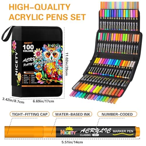 Nichetiness Feutres Acryliques 100 Couleurs - Pointe de 3 mm - Pour Roche, Verre, Bois, Porcelaine, Céramique et Tissu -