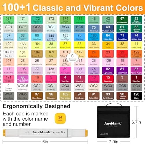 Marqueurs à alcool AnyMark 100+1 couleurs double pointe biseautée - Idéal pour dessin, illustration et coloriage - Étui