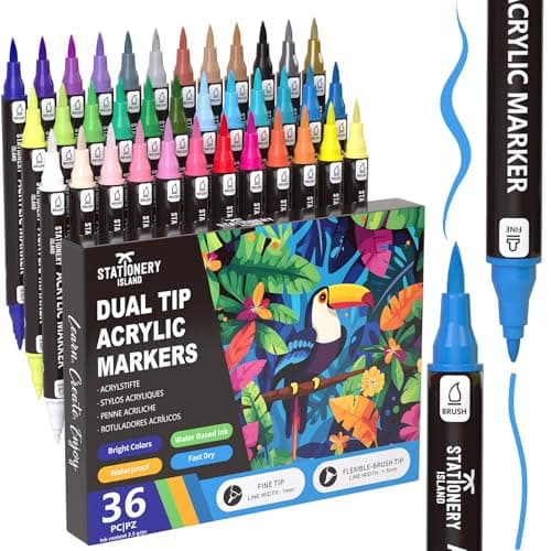 STATIONERY ISLAND Feutre Acrylique Marqueur Peinture pour Toute L'Artiste 36 Couleurs Pointe Fine & Pinceau Verre Papier
