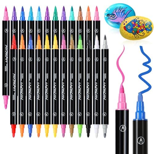 Diboniur 24 Couleurs Feutre Acrylique pour Adulte, Stylo Feutre Aquarelle Double Pointe Fine, Acrylic Marker pour Colori