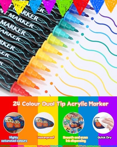 Feutres Acryliques 24 Couleurs, Marqueurs Doubles Pointes pour Peinture et Bricolage