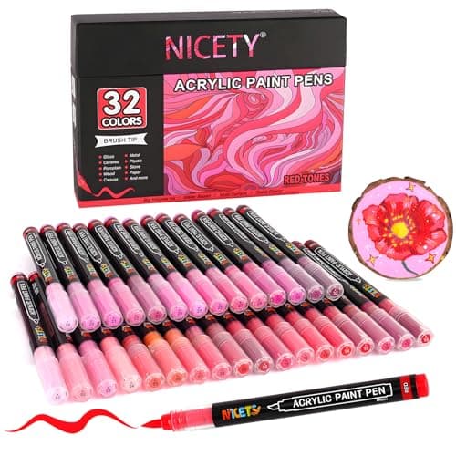 NICETY Marqueurs Acryliques 32 Couleurs pour Adultes - Stylos Pinceaux sur Pierre, Bois, Verre, Céramique - Pointe Pince — Rouge