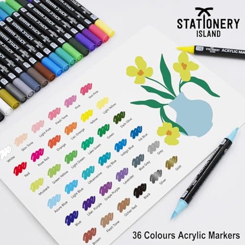 STATIONERY ISLAND Feutre Acrylique Marqueur Peinture pour Toute L'Artiste 36 Couleurs Pointe Fine & Pinceau Verre Papier