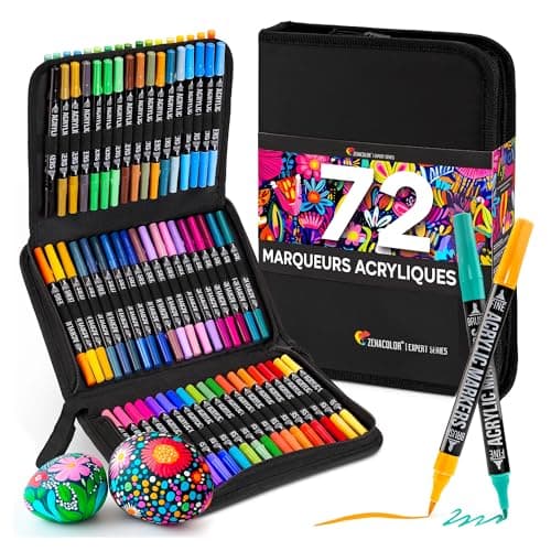 Feutre acrylique Zenacolor 72 couleurs - Double pointe - Feutres coloriage adulte - Diverses surfaces - Pochette incluse