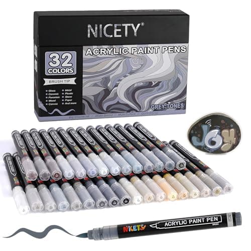 NICETY Marqueurs Acryliques 32 Couleurs pour Adultes - Stylos Pinceaux sur Pierre, Bois, Verre, Céramique - Pointe Pince — Gris