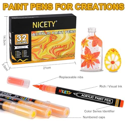 NICETY Marqueurs Acryliques 32 Couleurs pour Adultes - Stylos Pinceaux sur Pierre, Bois, Verre, Céramique - Pointe Pince