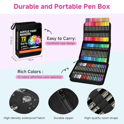 Marqueur Acrylique 72 Couleurs pour Adulte et Enfants - Double Pointe - Coloriage sur various surfaces - Bois, Verre, Cé