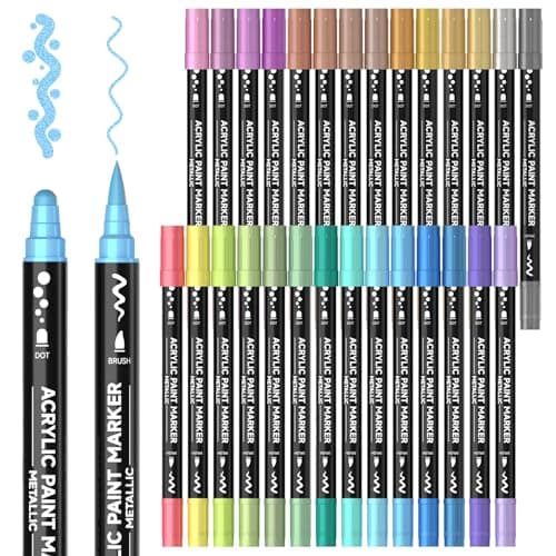 Marqueur acrylique métallique Shuttle Art 28 feutres pour calligraphie et bricolage Global Recycled Standard — 28 couleurs métalliques (pointe dot et pinceau)