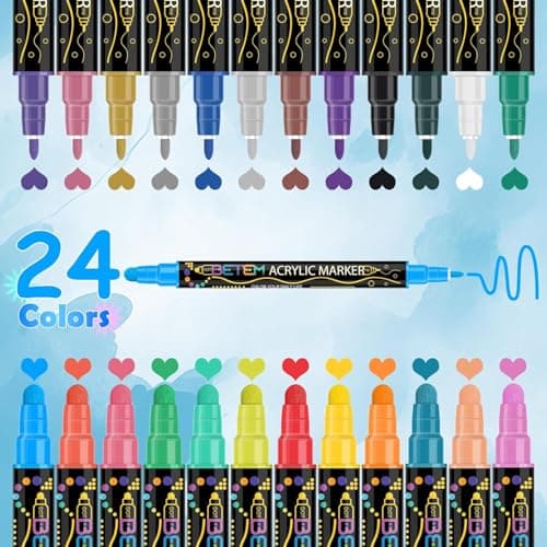 Betem Feutres Acryliques à Double Pointe 24 Couleurs, Stylos Marqueurs Peinture Acrylique pour Artisanat DIY, Peinture s