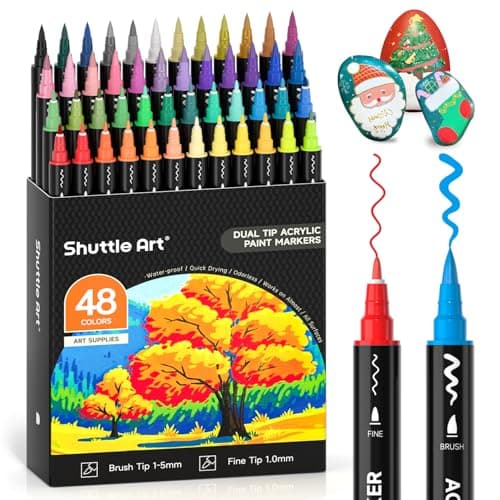 Marqueur acrylique Shuttle Art 36 couleurs - Double pointe - Adulte & DIY - Toile, Pierre, Verre, Céramique - Non toxiqu — 48 couleurs (pointe fine et pinceau)