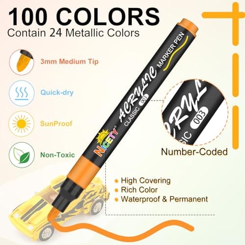 Marqueurs acryliques NICETY 100 Couleurs Pointe 3 mm pour Artiste Adulte - Peinture Roche, Verre, Bois, Porcelaine, Céra