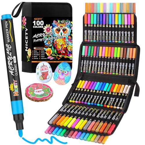 Nichetiness Feutres Acryliques 100 Couleurs - Pointe de 3 mm - Pour Roche, Verre, Bois, Porcelaine, Céramique et Tissu -