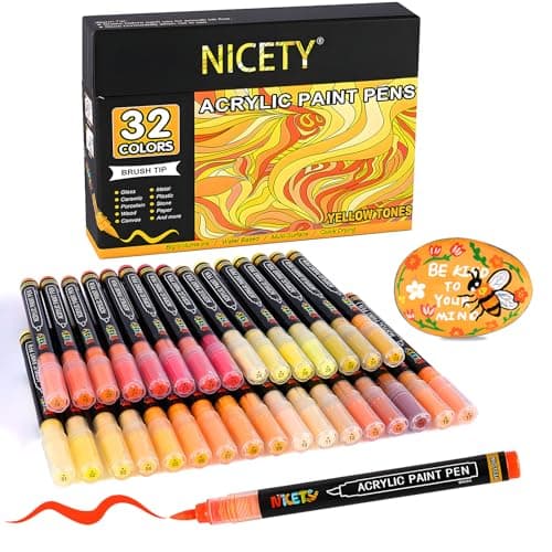 NICETY Marqueurs Acryliques 32 Couleurs pour Adultes - Stylos Pinceaux sur Pierre, Bois, Verre, Céramique - Pointe Pince
