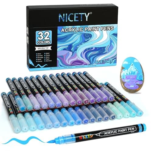 NICETY Marqueurs Acryliques 32 Couleurs pour Adultes - Stylos Pinceaux sur Pierre, Bois, Verre, Céramique - Pointe Pince — Bleu