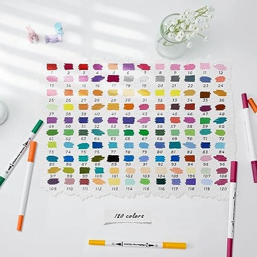 Ohuhu Feutres à Colorier Adultes, 120 Couleurs Aquarelle, Double Pointe Fine et Pinceau, Idéal pour Calligraphie et Dess