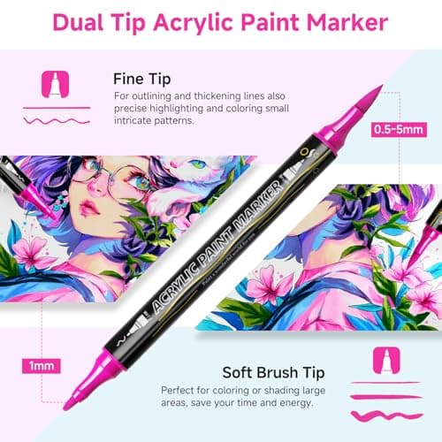 Marqueur Acrylique 72 Couleurs pour Adulte et Enfants - Double Pointe - Coloriage sur various surfaces - Bois, Verre, Cé