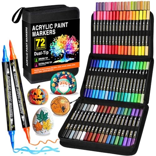Marqueur Acrylique 72 Couleurs pour Adulte et Enfants - Double Pointe - Coloriage sur various surfaces - Bois, Verre, Cé