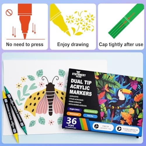 STATIONERY ISLAND Feutre Acrylique Marqueur Peinture pour Toute L'Artiste 36 Couleurs Pointe Fine & Pinceau Verre Papier