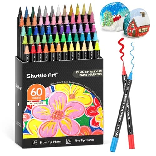 Marqueur acrylique Shuttle Art 36 couleurs - Double pointe - Adulte & DIY - Toile, Pierre, Verre, Céramique - Non toxiqu — 60 couleurs (pointe fine et pinceau)