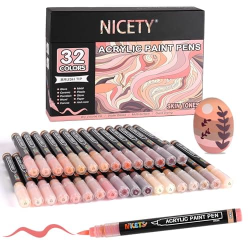 NICETY Marqueurs Acryliques 32 Couleurs pour Adultes - Stylos Pinceaux sur Pierre, Bois, Verre, Céramique - Pointe Pince — Peau