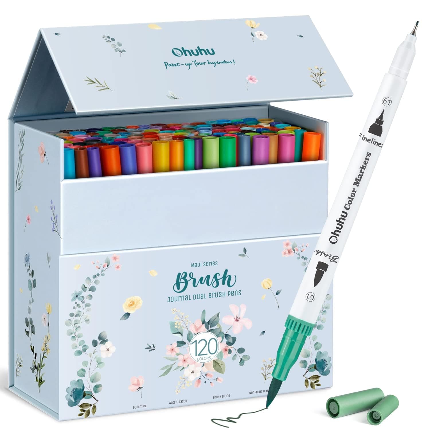 Ohuhu Feutres à Colorier Adultes, 120 Couleurs Aquarelle, Double Pointe Fine et Pinceau, Idéal pour Calligraphie et Dess