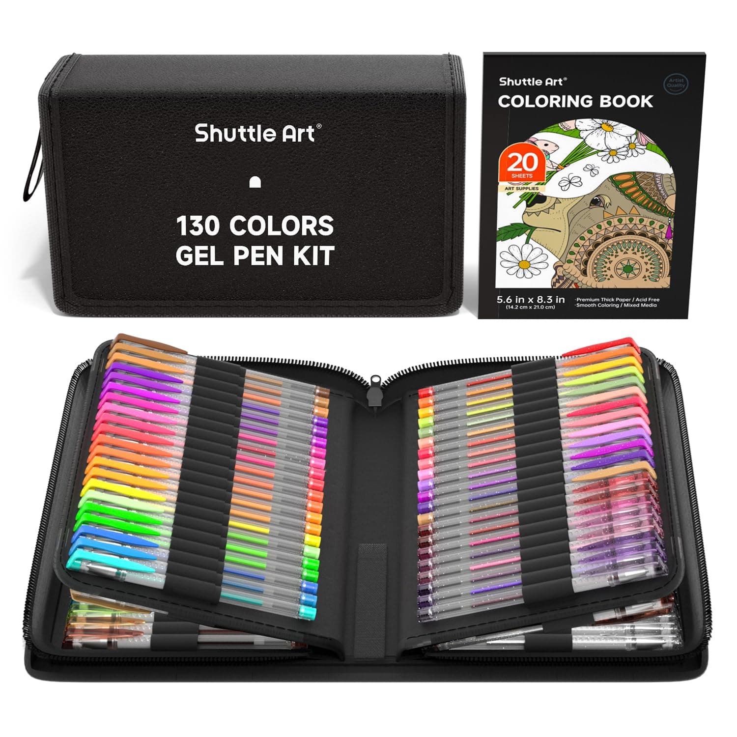 Shuttle Art 130 Stylos Gel Couleur pour Adultes - 130 Couleurs + Livre de Coloriage dans Mallette de Voyage - Artisanat,