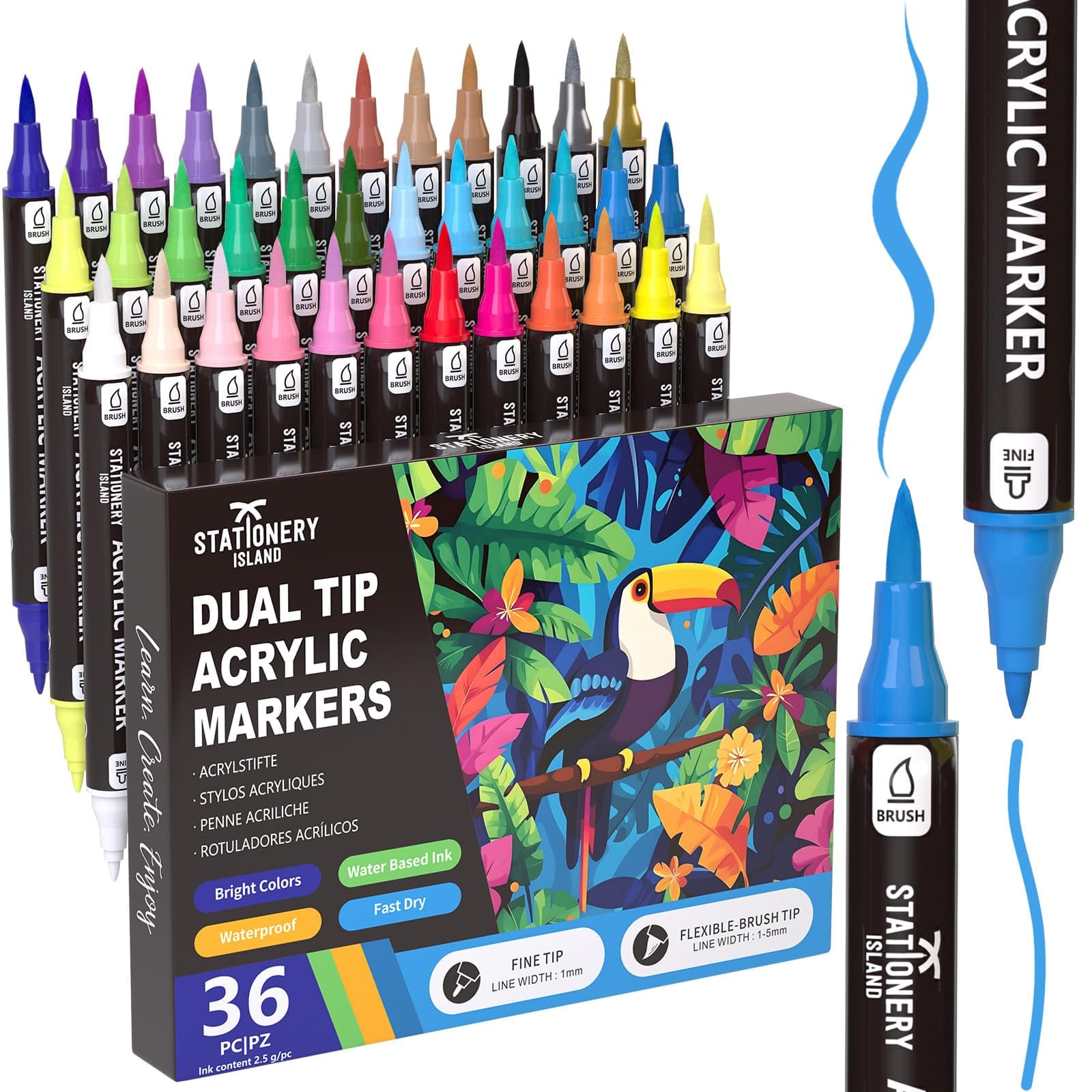 STATIONERY ISLAND Feutre Acrylique Marqueur Peinture pour Toute L'Artiste 36 Couleurs Pointe Fine & Pinceau Verre Papier