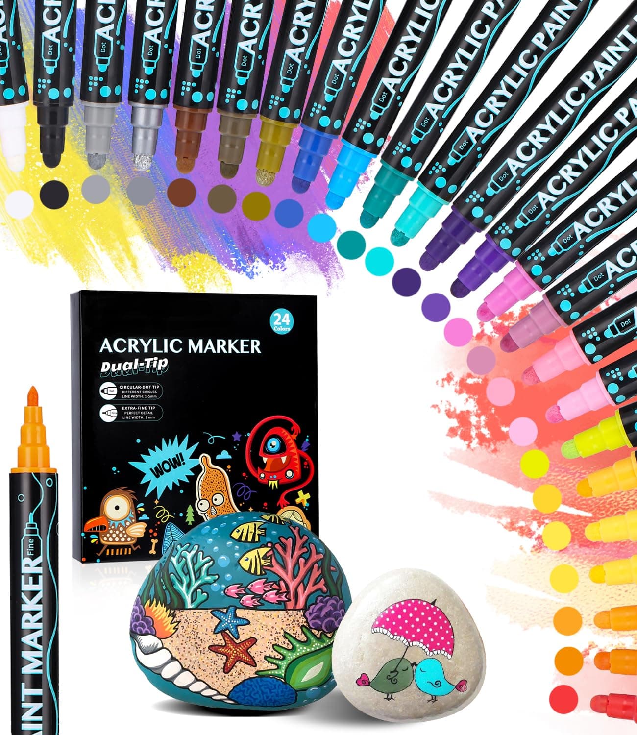 Feutres Acryliques 24 Couleurs, Marqueurs Doubles Pointes pour Peinture et Bricolage