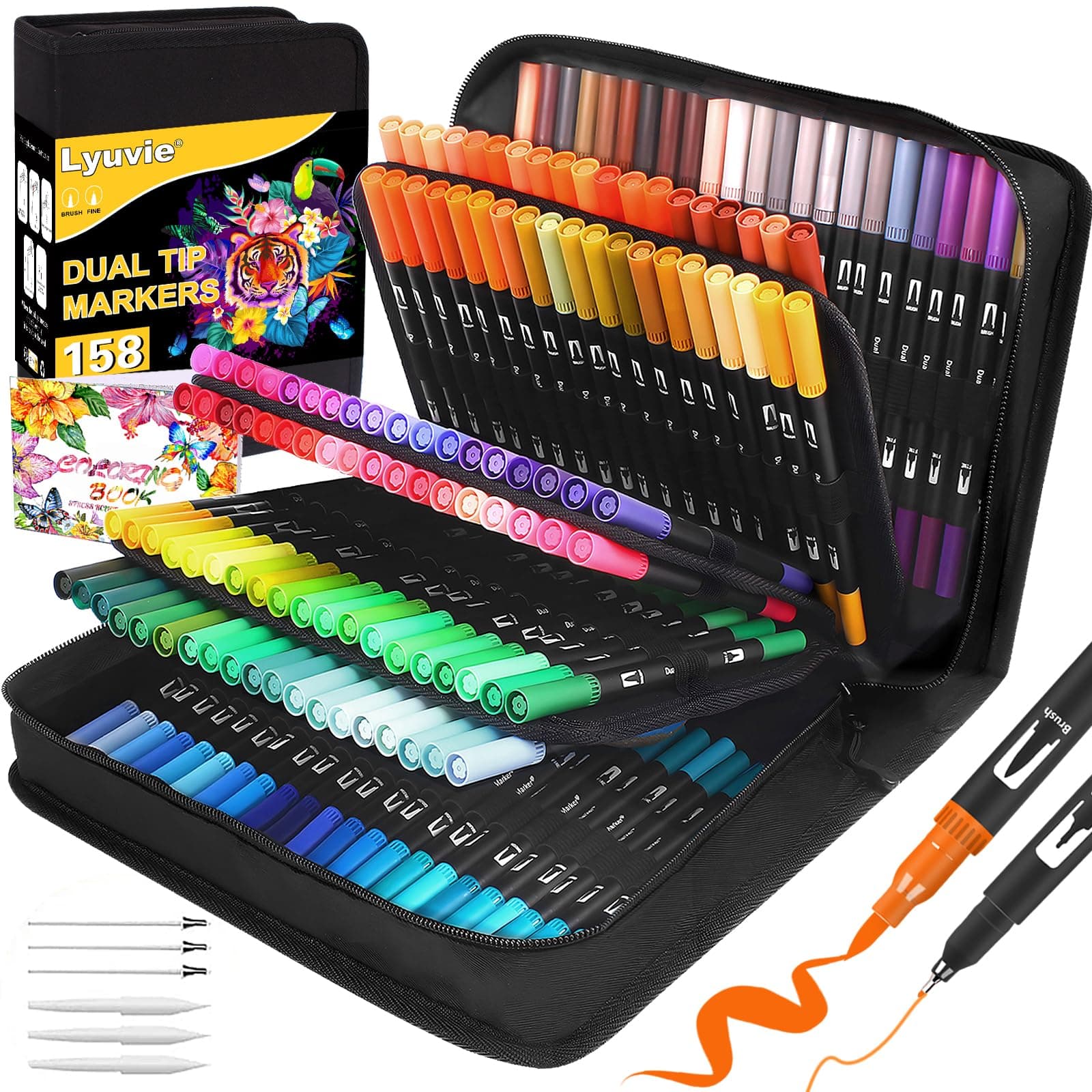 Lyuvie 158 stylos feutres coloriage - Feutre double pointe - Feutre aquarelle pinceau - Étui noir pour coloriage dessin