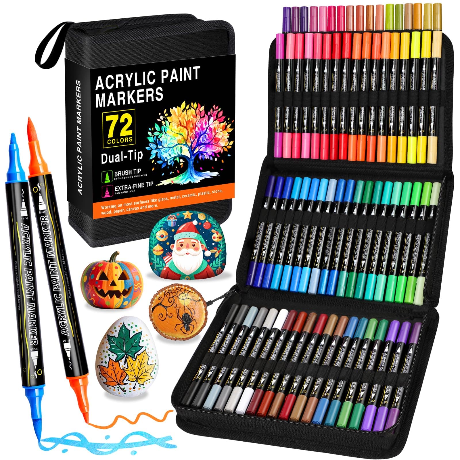 Marqueur Acrylique 72 Couleurs pour Adulte et Enfants - Double Pointe - Coloriage sur various surfaces - Bois, Verre, Cé