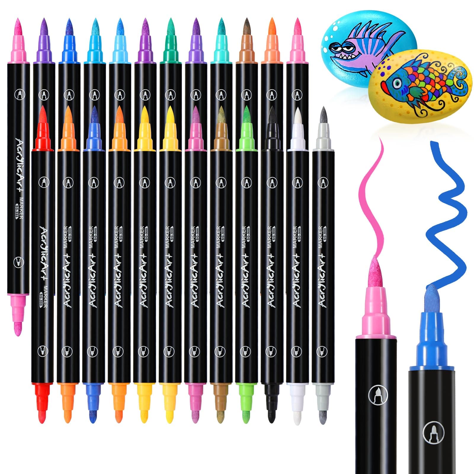 Diboniur 24 Couleurs Feutre Acrylique pour Adulte, Stylo Feutre Aquarelle Double Pointe Fine, Acrylic Marker pour Colori