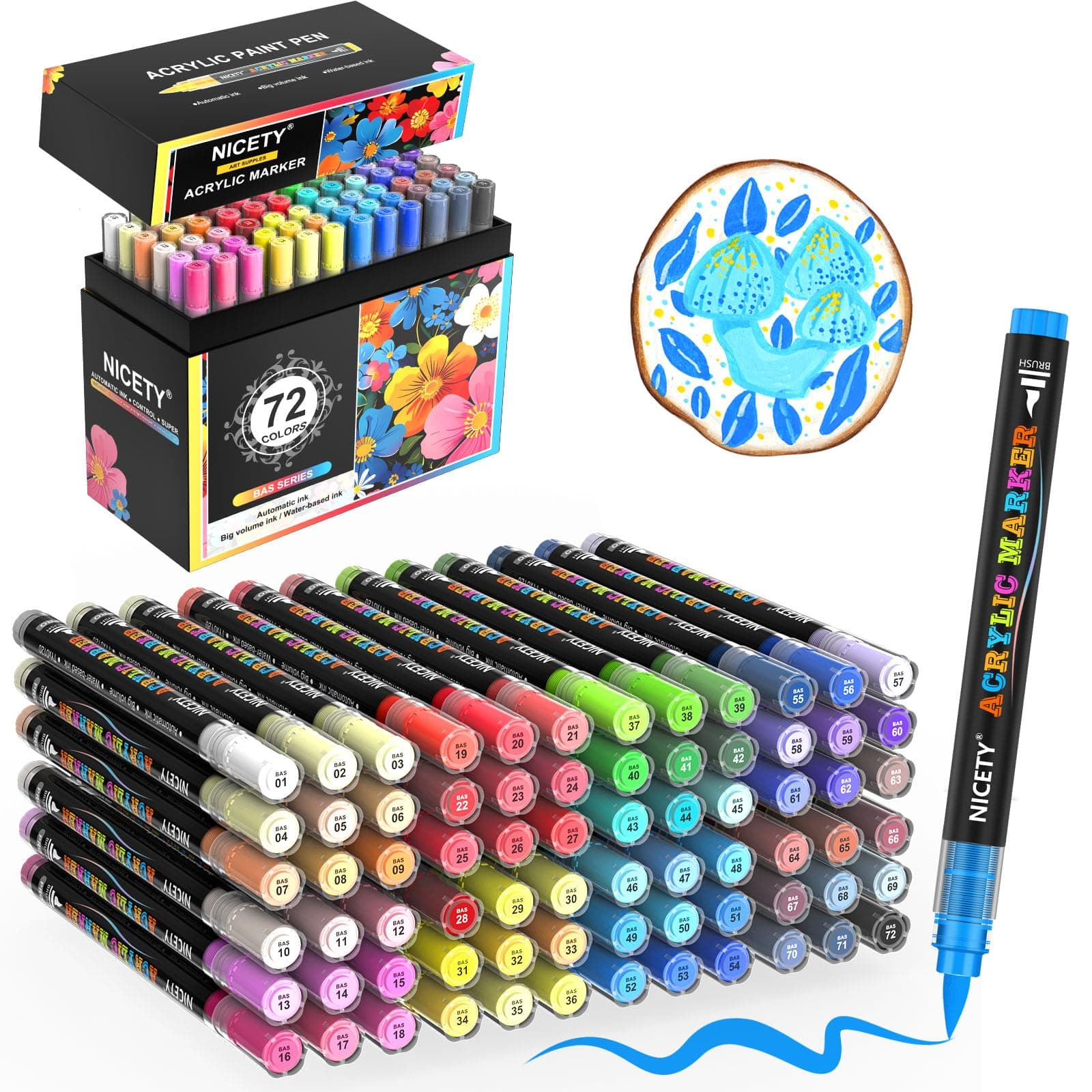 Marqueurs NICETY Acryliques Multi-Supports 72 Couleurs - Pointe Flexible 1-6mm pour Artistes et Débutants