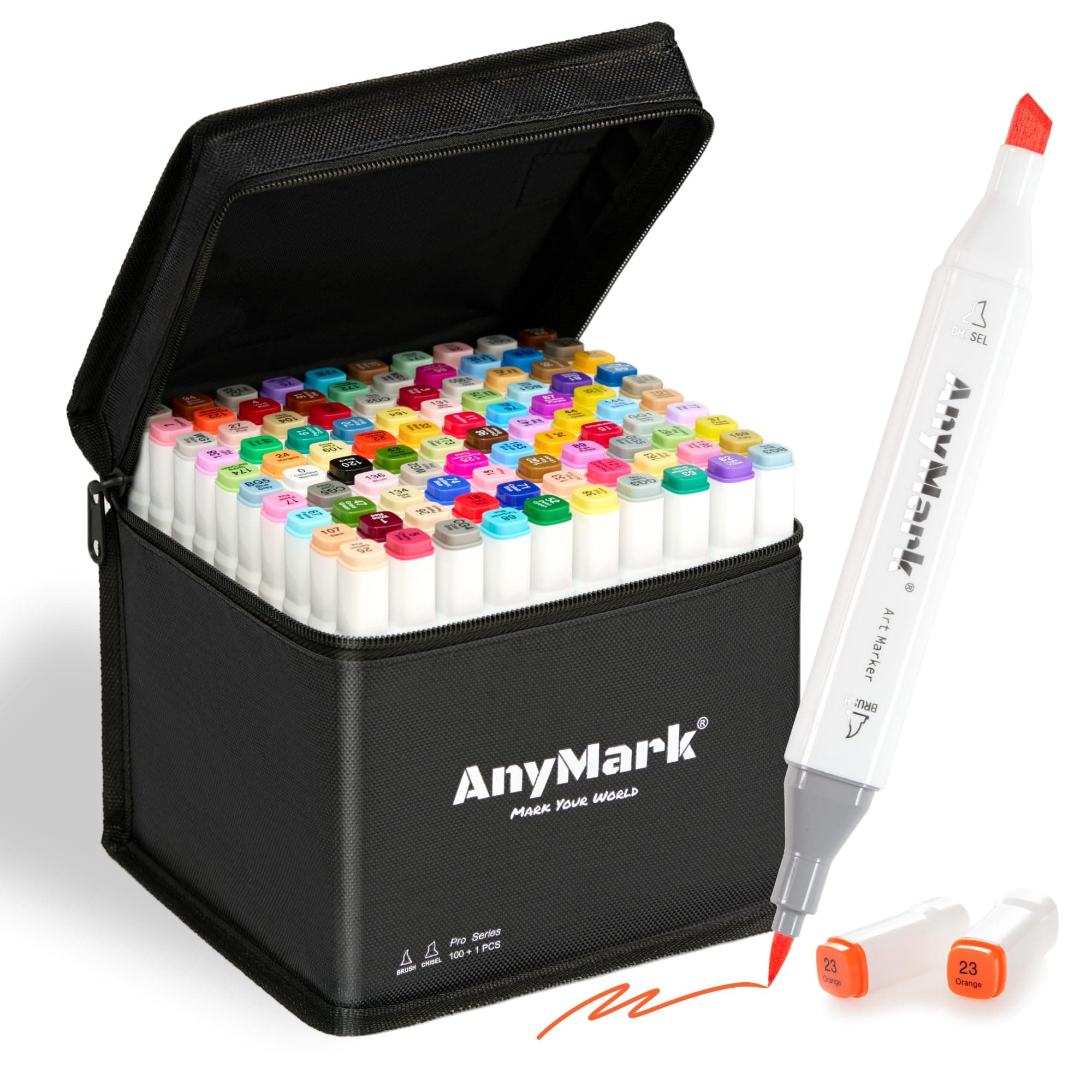 Marqueurs à alcool AnyMark 100+1 couleurs double pointe biseautée - Idéal pour dessin, illustration et coloriage - Étui