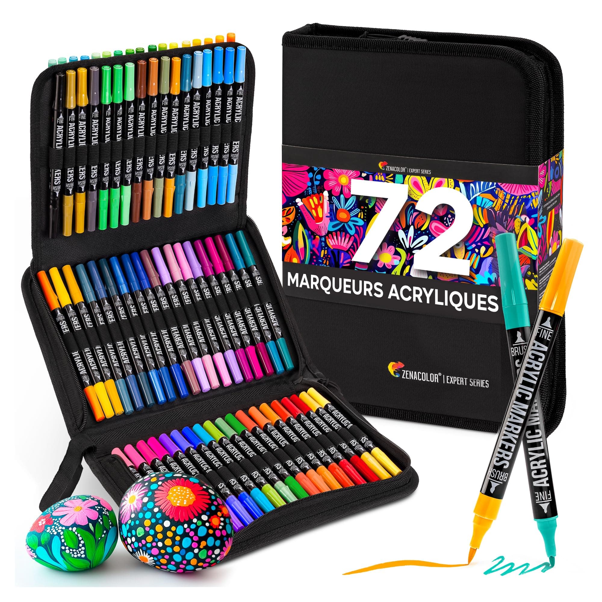 Feutre acrylique Zenacolor 72 couleurs - Double pointe - Feutres coloriage adulte - Diverses surfaces - Pochette incluse