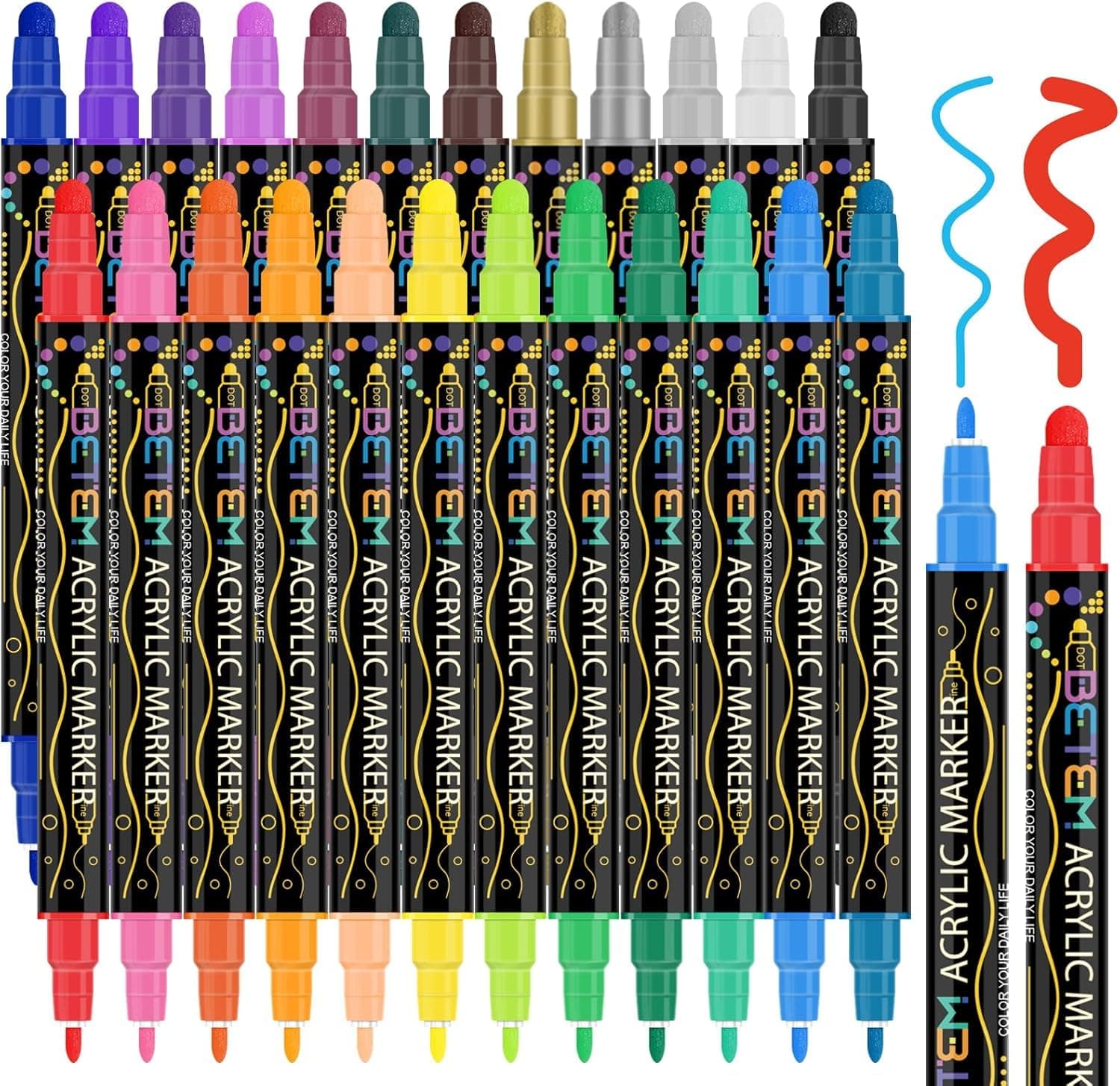 Betem Feutres Acryliques à Double Pointe 24 Couleurs, Stylos Marqueurs Peinture Acrylique pour Artisanat DIY, Peinture s